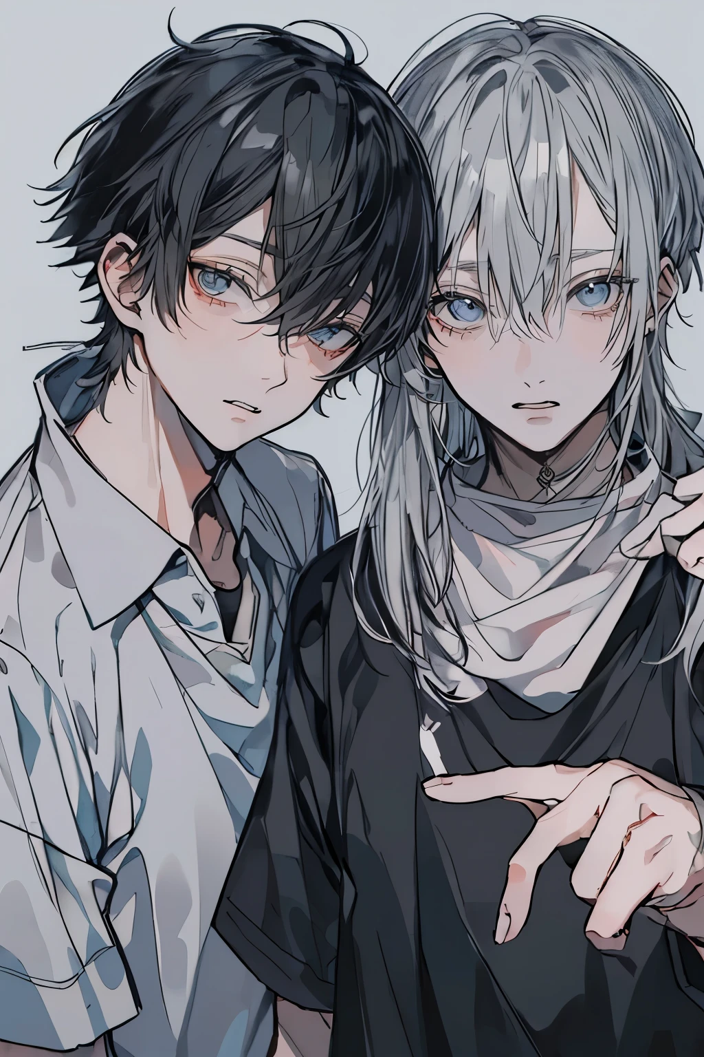 (Mastepiece), (Best Quality), Very detailed, (((Two friendly men:1.5))), Perfect Face, Beautiful Face, Very detailedな顔,(Black-haired man:1.3),(Grey-haired man:1.3),T-Shirts