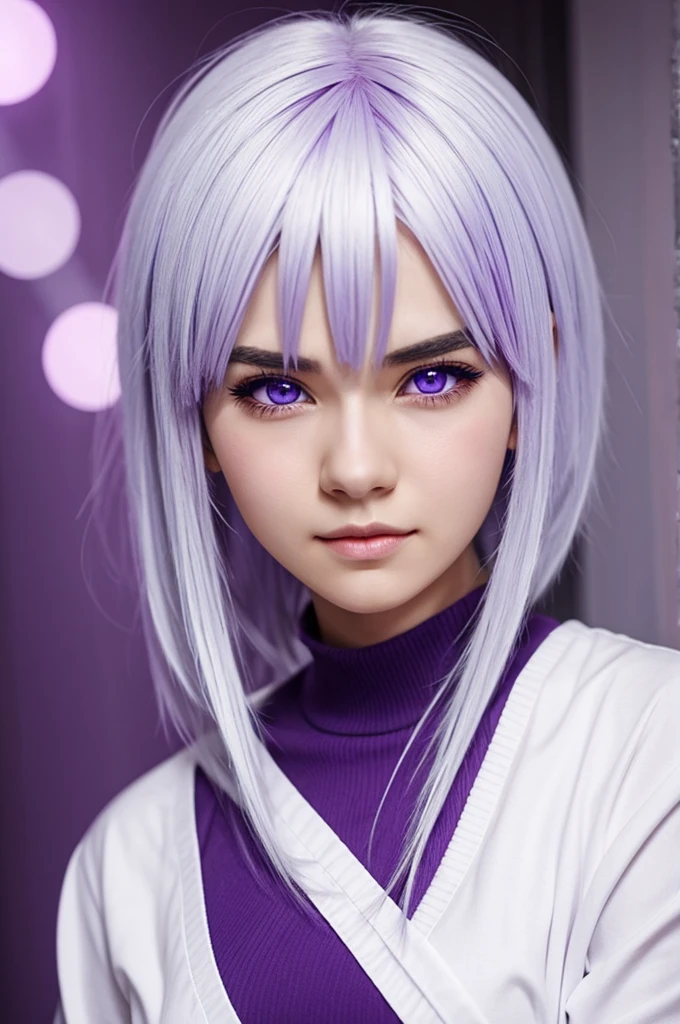 2D anime girl with white hair and purple eyes