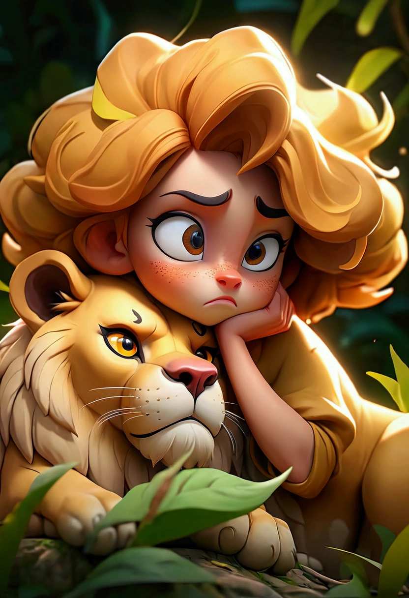 A crouching girl with a sad expression, a large lion comforting her, intricate detailed face, beautiful eyes, long eyelashes, delicate features, detailed skin texture, ornate background, sunlight filtering through leaves, cinematic lighting, vibrant colors, fantasy art style, highly detailed, 8k, style anime, large space, 4k, vivid colors
