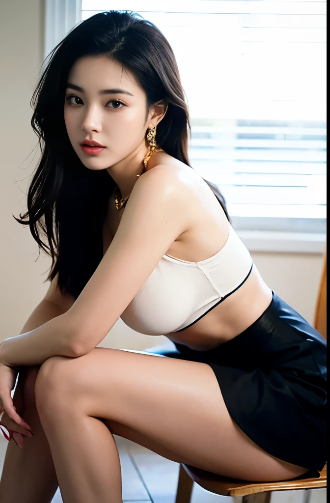 (masterpiece:1.3), (8 thousand, realistic, RAW photos, best quality: 1.4), (1 woman),(sheer silk blouse), (((short skirt))), (((양다리와 양발에 realistic 스타킹신고))), (Stockings on both legs), (((Wearing high heels on both feet with stockings))), (full body shot), (Sitting on a chair), (Beautiful makeover), (((very beautiful body))) , (((Realistic and very beautiful face))), (long eyelashes), (double eyelid), (Very beautiful eyes, realistic and delicate), (big bust) , (Strong body through exercise), (beautiful abs), (Beautiful heaps), (tall), (black hair. parted, long hair:1.3), (아름다운 parted스타일), (realistic and beautiful skin), (ultra high resolution), (very detailed), (golden ratio), (Two long, realistic and beautiful legs), (realistic 팔), (necklace), (earring),(beautiful nails manicure), (So beautiful and sexy)