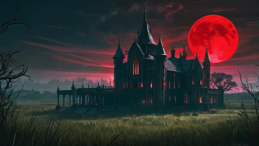 "A towering mansion, almost cathedral-like in its grandeur, stands isolated in a wild grass field under the eerie light of a blood-red moon. The mansion’s gothic spires and intricate stonework cast long, ominous shadows over the swaying grass. Dark clouds swirl around the crimson moon, adding to the foreboding atmosphere. The wild grass, untamed and overgrown, rustles in the cold night breeze, while the mansion’s windows, dark and uninviting, seem to watch over the desolate landscape, creating a chilling sense of dark medieval fantasy."






