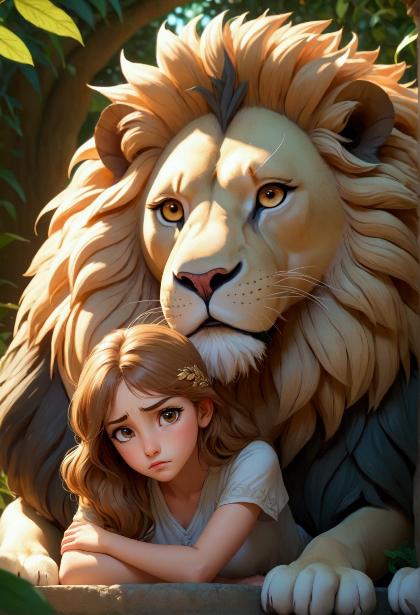 A crouching girl with a sad expression, a large lion comforting her, intricate detailed face, beautiful eyes, long eyelashes, delicate features, detailed skin texture, ornate background, sunlight filtering through leaves, cinematic lighting, vibrant colors, fantasy art style, highly detailed, 8k, style anime, large space, 4k, vivid colors
