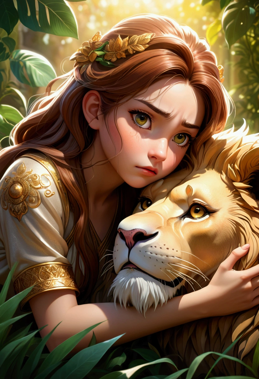 A crouching girl with a sad expression, a large lion comforting her, intricate detailed face, beautiful eyes, long eyelashes, delicate features, detailed skin texture, ornate background, sunlight filtering through leaves, cinematic lighting, vibrant colors, fantasy art style, highly detailed, 8k, style anime, large space, 4k, vivid colors
