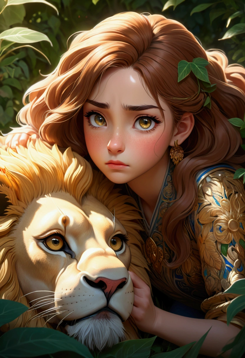 A crouching girl with a sad expression, a large lion comforting her, intricate detailed face, beautiful eyes, long eyelashes, delicate features, detailed skin texture, ornate background, sunlight filtering through leaves, cinematic lighting, vibrant colors, fantasy art style, highly detailed, 8k, style anime, large space, 4k, vivid colors