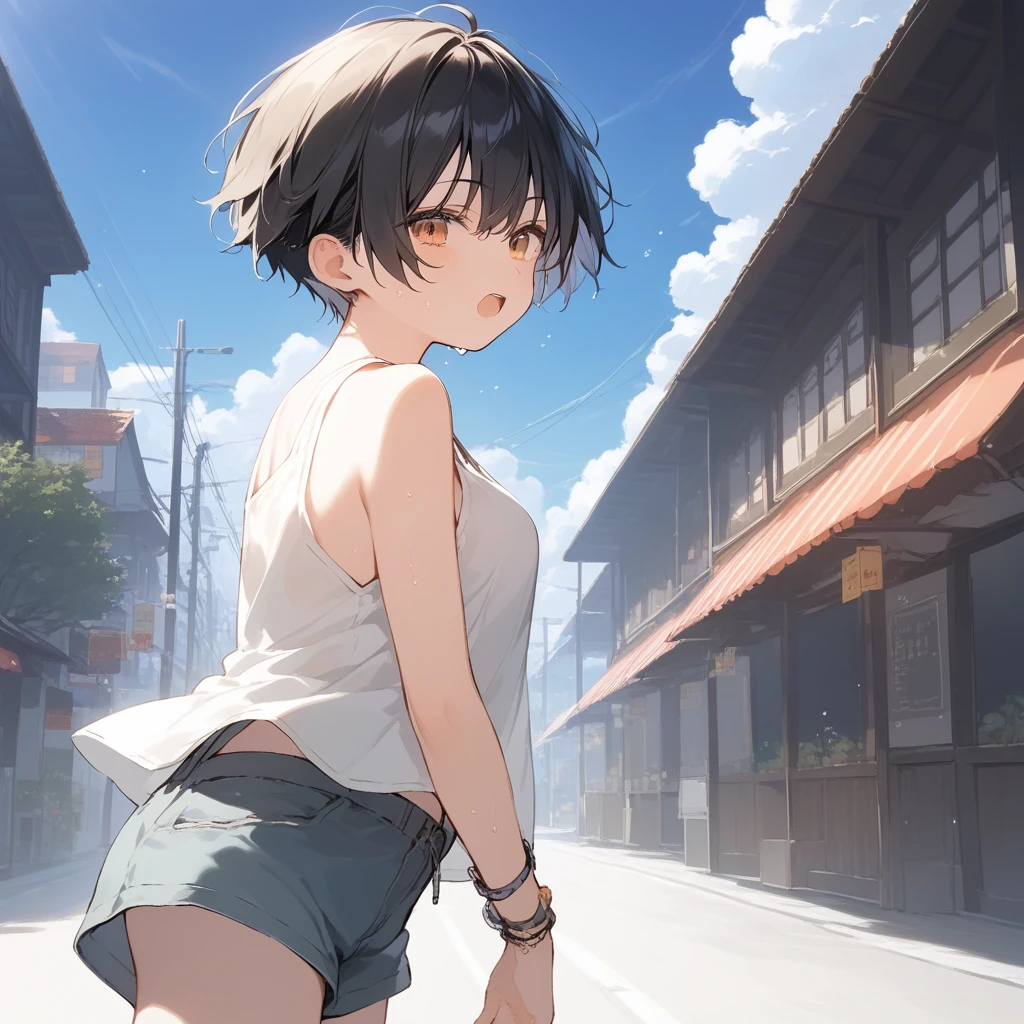 score_9, score_8_up, score_7_up, source_anime, best quality, masterpiece, official art, absurdres, highres, ultra-detailed,waifu2x,Collection: Serious Beauty,break,1girl, tomboy, very short hair, pixie cut, breasts, beautiful detailed eyes, open mouth, (yawn:0.3), sleepily, , shorts, sweat, outdoors, rural, wind, break,(clear line illustration:1.2), super detailed skin,very high resolution, very aesthetic, Best sexual lighting powered by famous artist, 8k, beauty illustration,photoshop_(medium),,(Detailed Lighting),best anime 8k konachan wallpaper, pixiv contest winner,
