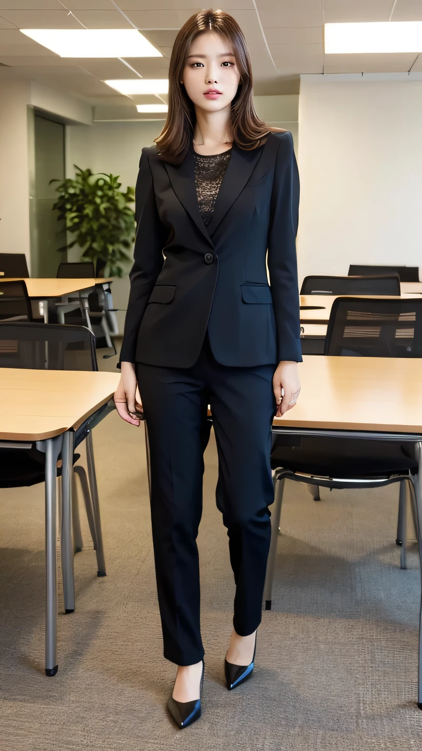 (Tabletop,high quality,16K:1.1),(Depth of written boundary:1.3) ,((Front body:1.35))smile、Beautiful teeth alignment、Office Lady Suits、Pants Style、(Full Body Shot:1.2),,The background is the office