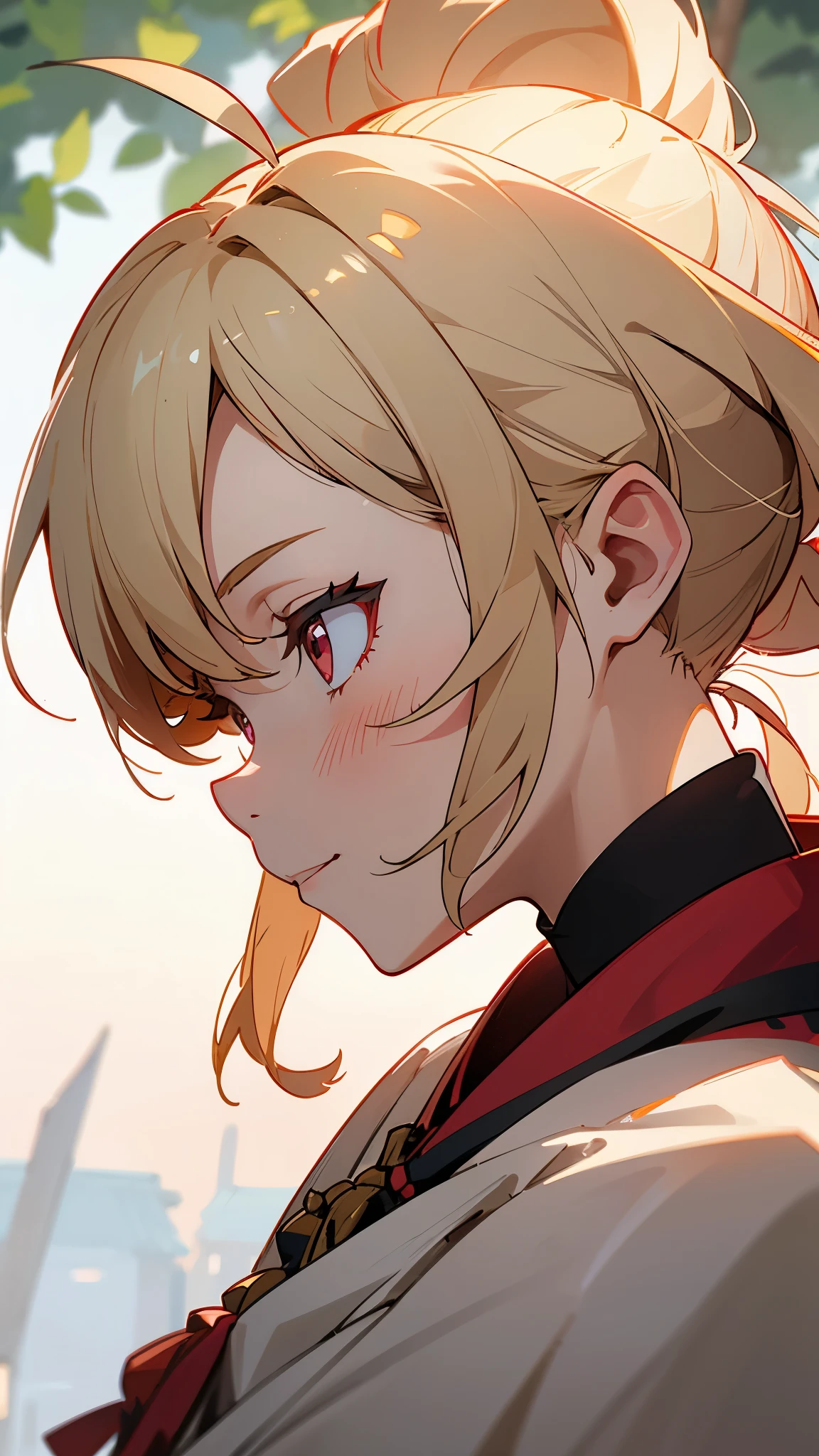 1girl、blonde、ponytail、Round red eyes、Ahoge、Blouse shirt with ethnic patterns and primary colors、smile、profile、Face close-up、Morning Park、Background Blur, Written boundary depth
