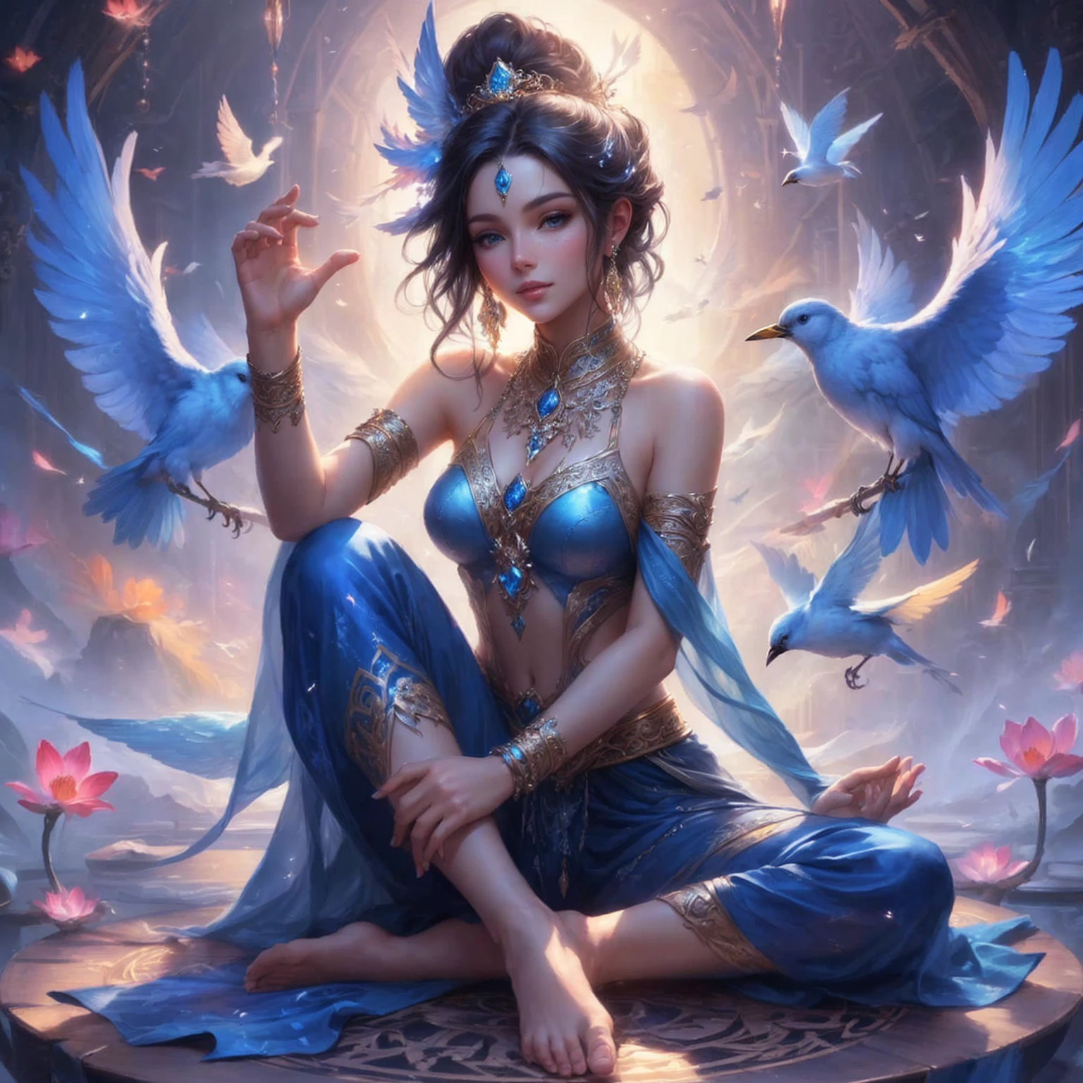 A woman sits at a table and birds fly around her., beautiful fantasy art, Argerm's form, A very detailed RTM pathogen., Beautiful Fantasy Empress, Argerm Julie Bell Beeple, Goddess of love and peace, very beautiful fantasy art, Fantasy art style, artgerm details, Ross Tran 8 g, digital fantasy art ), Eastern fantasy