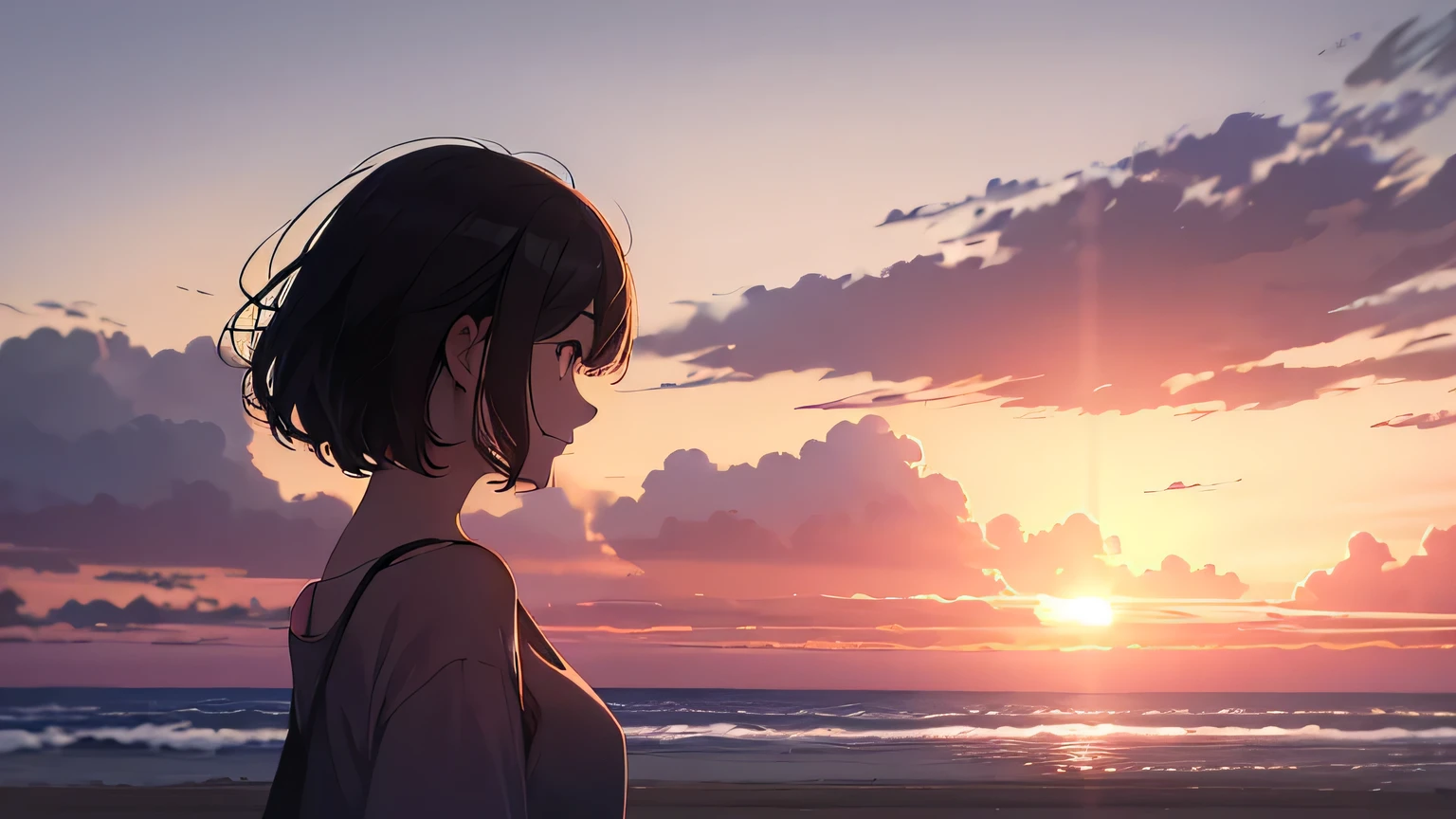Summer evening, sunset, sunsetの海, sunsetの雲, One Woman. Woman Standing On The Beach, Woman profile, Smiling woman,