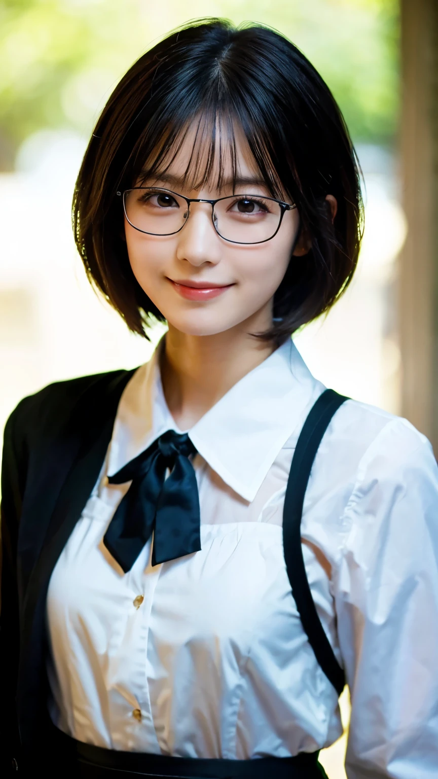 (Highest quality,masterpiece:1.3,Ultra-high resolution),(Very detailed,Caustics,8k),(Realistic:1.4,RAW shooting),A girl dressed as a butler,Japanese,boyish,smile,20-year-old,Short black hair,Glasses,Looking into the camera,Inside the Western-style building,Waist up shot,front,Face Focus,Face close-up,(Warm Light),Professional Writing