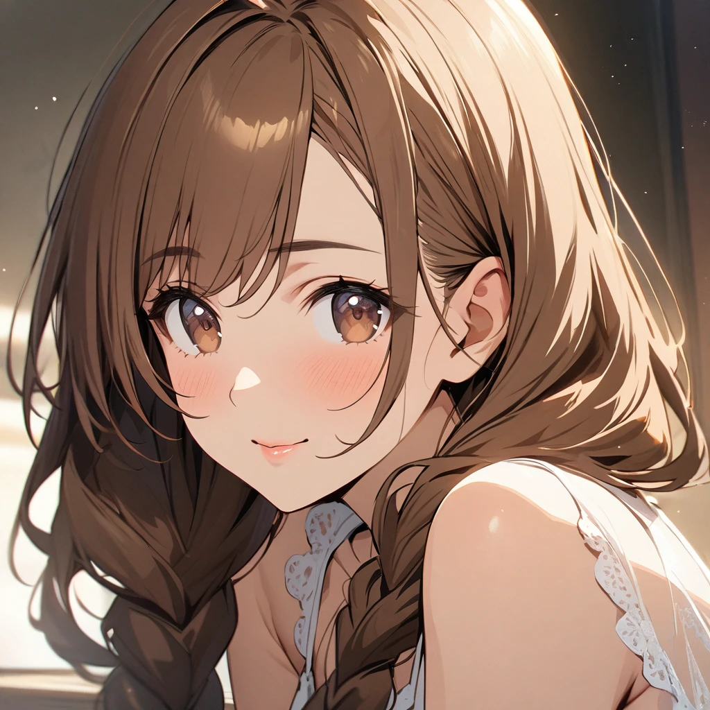 Solo, 1girl, Long Hair, brown hair, brown eyes, cute, mature, high detail, white dress, double plait hair