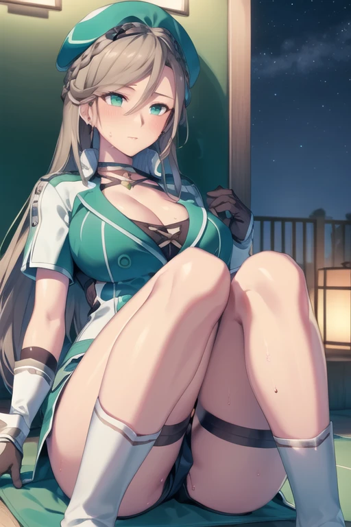 sitting, spread-out legs, view from below, Elaine Auclair, long hair, 1girl, braid, crown braid, jewelry, earrings, gloves, big breasts, jacket, choker, thighhighs, hair between eyes, cleavage, shorts, thigh boots, night time, shadow, green beret, green hat, aroused facial expression, blush, sweat