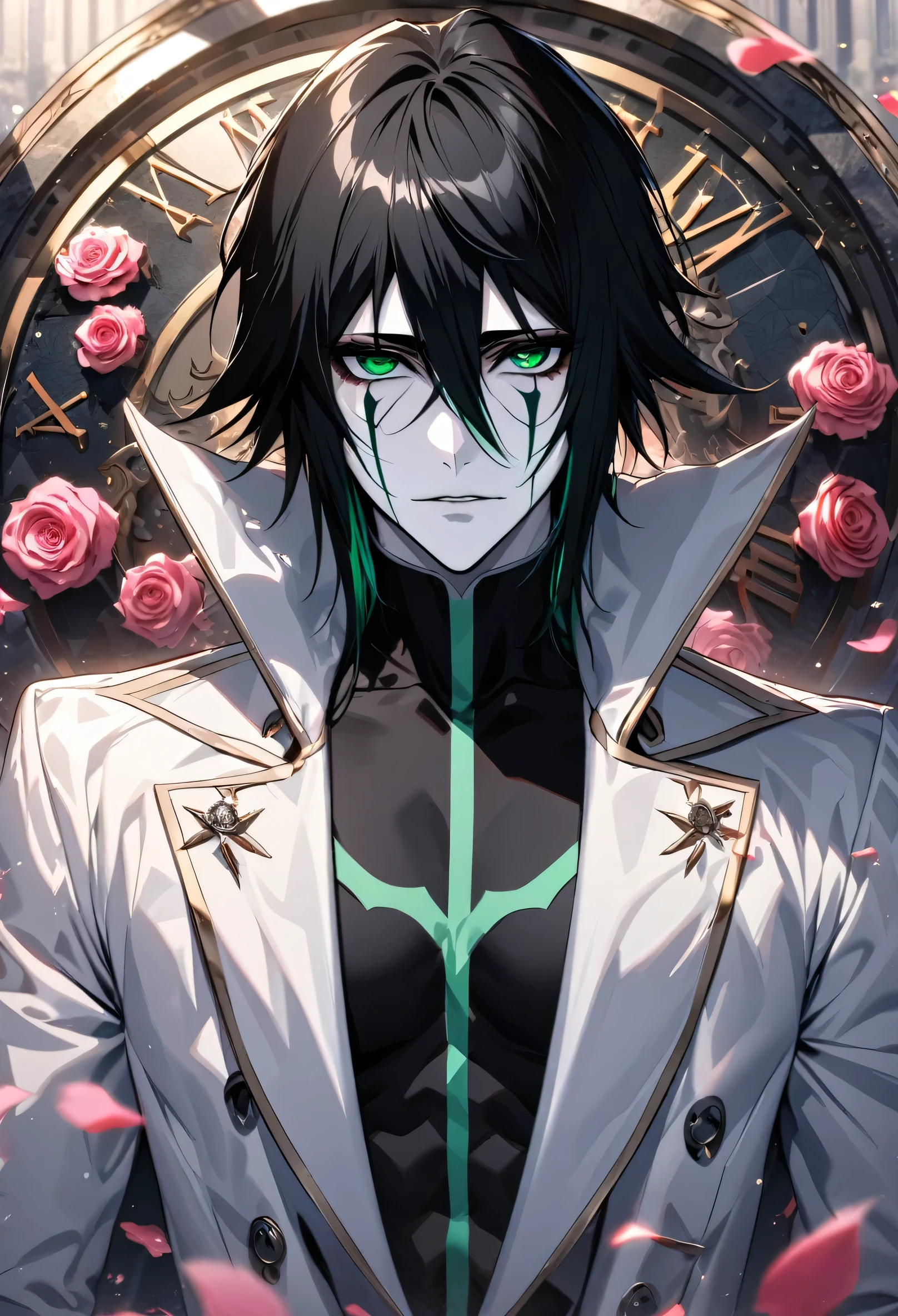 absurdres, highres, ultra detailed, HDR, masterpiece, extremely detailed face and eyes, perfect face, Ulquiorra Cifer, black hair, hair between the eyes, expressive green eyes, pale skin, Bleach, solo, sexy man, handsome, white coat, tight black shirt, patterns, pink roses, petals, in woderland, clock