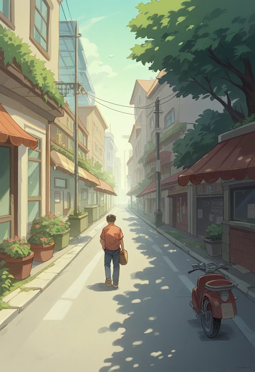 image with anime quality, on a wide, paved street in the city, a biker on a motorcycle and a pedestrian walking, sidewalk on the right and aligned with the paved street, sidewalk follows the curvature of the street, garden on the right side of the sidewalk,