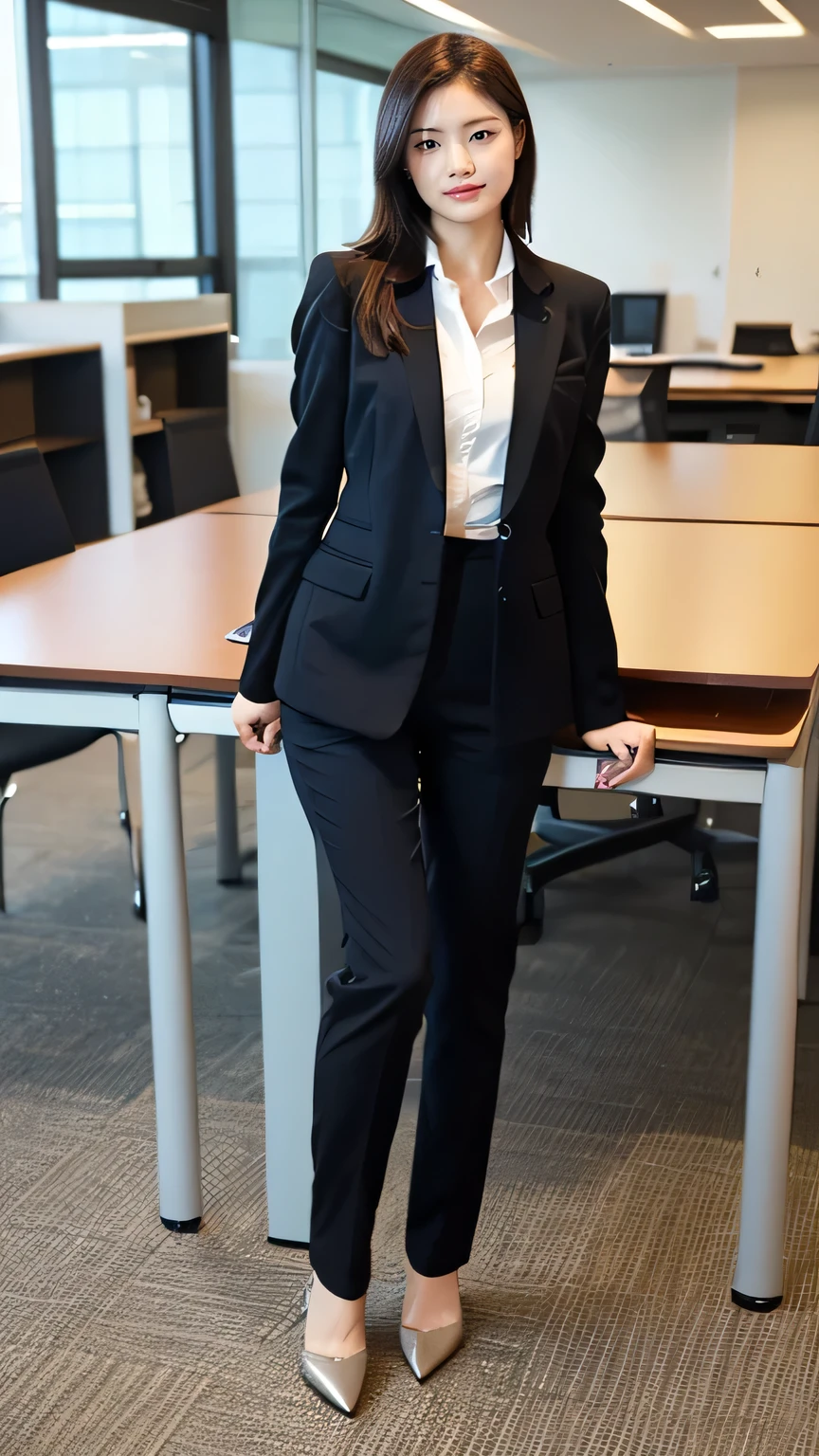 (Tabletop,high quality,16K:1.1),(Depth of written boundary:1.3) ,((Front body:1.35))smile、Beautiful teeth alignment、Office Lady Suits、Pants Style、(Full Body Shot:1.2),,The background is the office