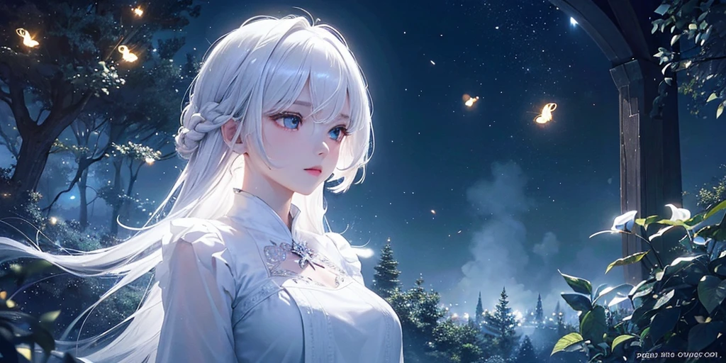 1 female, pretty ,white hair, blonde eyes, (upper body), sitting under the bright moonlight, with fireflies, intricate details, high quality, cinematic lighting, volumetric fog, fantasy, ethereal, dreamlike, soft pastel colors, bioluminescent, elegant, serene, magical realism