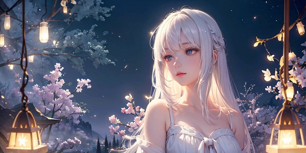  1 female, pretty ,white hair, blonde eyes, (upper body), sitting under the bright moonlight, with fireflies, intricate details, high quality, cinematic lighting, volumetric fog, fantasy, ethereal, dreamlike, soft pastel colors, bioluminescent, elegant, serene, magical realism