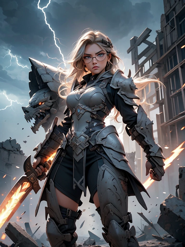 A striking artwork of a fierce female warrior standing on a rugged battlefield. The full-body view showcases her in rugged, functional black and grey armor, exuding an aura of formidable power and indomitable will. Her short, spiky blonde hair frames a face of fierce beauty, highlighted by steely blue eyes that radiate intense focus and relentless determination. She holds a battle axe, heavily adorned and glowing with brutal strength, adding to her intimidating presence. The scenery around her is a war-torn battlefield with smoldering ruins and a stormy sky. The flashes of lightning and the sound of distant thunder enhance the atmosphere of relentless combat, creating a scene of raw power.