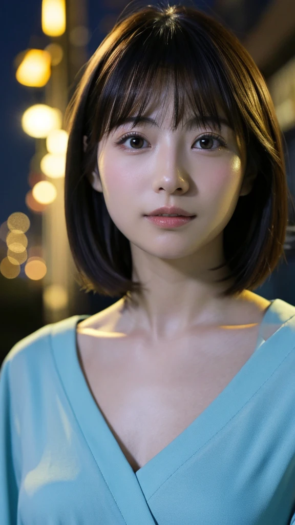 Japanese women、Clothes that do not expose skin、Close-up of face and chest、Night view、summer、short hair