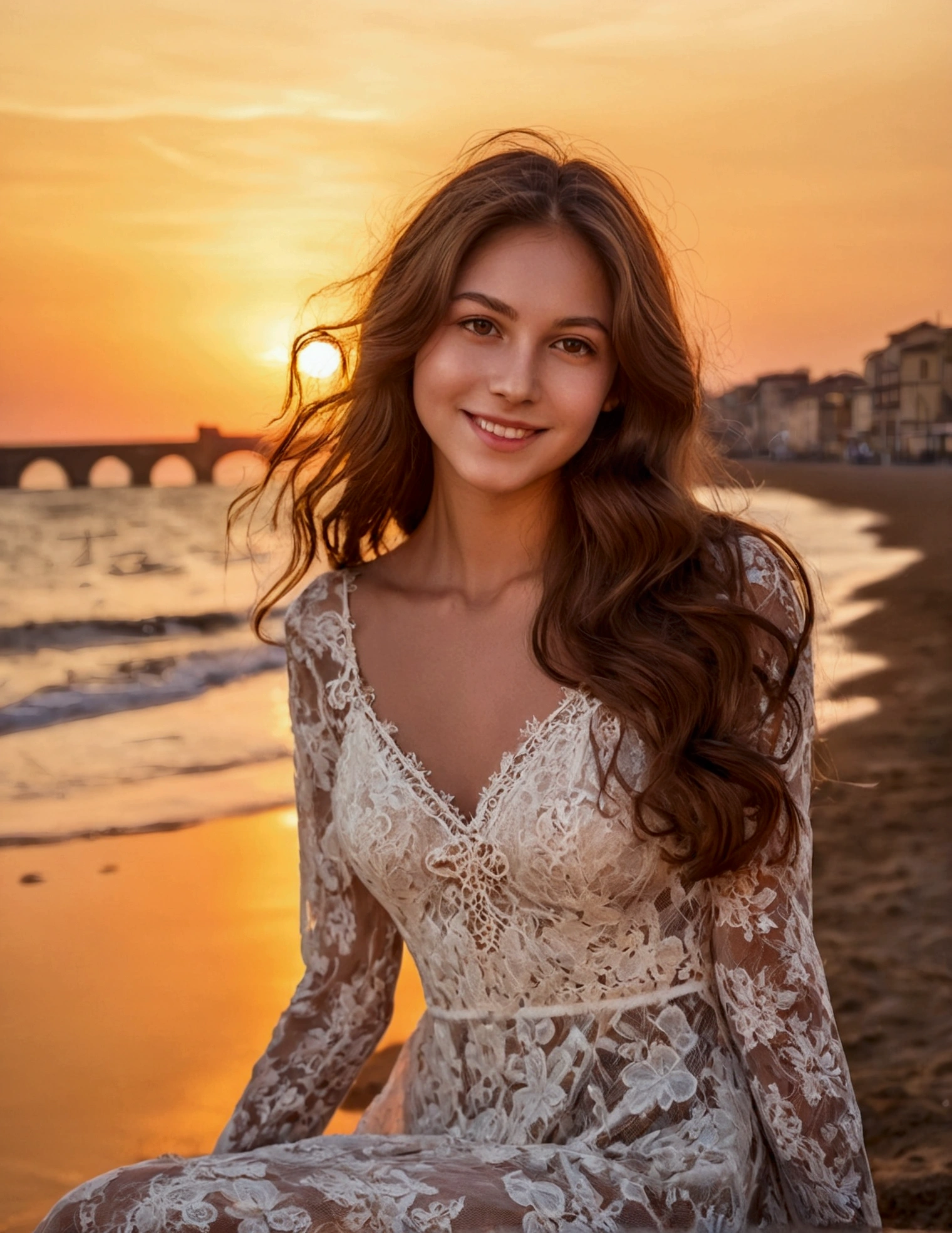 Slender girl with long brown hair, wearing in lace dress on the seashore facing the camera behind the sunset,cematic portrait that captures the essence of a perfect evening in Florence. The woman's youthful smile and gentle glow,Instagram pose, dynamic pose, sitting,big breast, long range phootoshoot