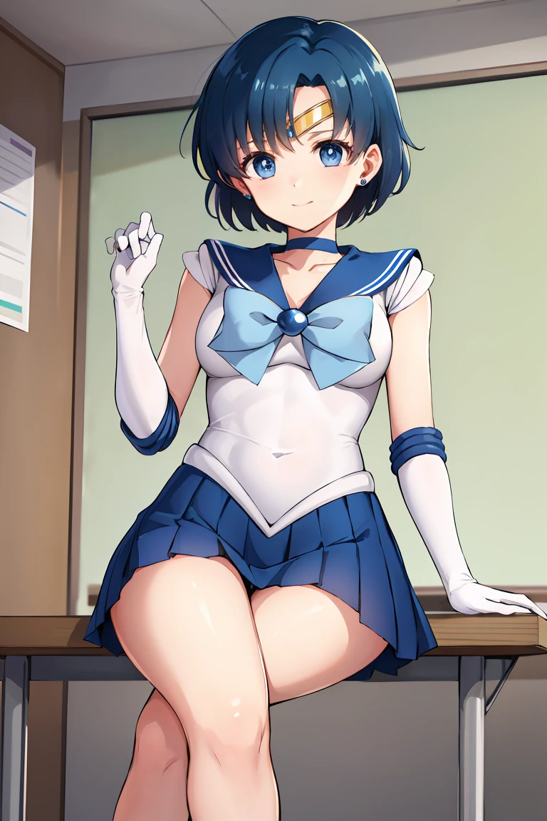 masterpiece, Highest quality, High resolution, Mercury 1, One girl, alone, Sailor Warrior Uniforms, Sailor Mercury, Which is Mizuno, Blue Hair, Magical girl, blue eyes, Blue Skirt, Elbow hand pockets, tiara, Pleated skirt, Hair Ribbon, Blue sailor collar, mini skirt, choker, Blue choker, White gloves, Short Hair,  jewelry,  Earrings, Sitting, Crossing your legs,The background is a school classroom,smile、