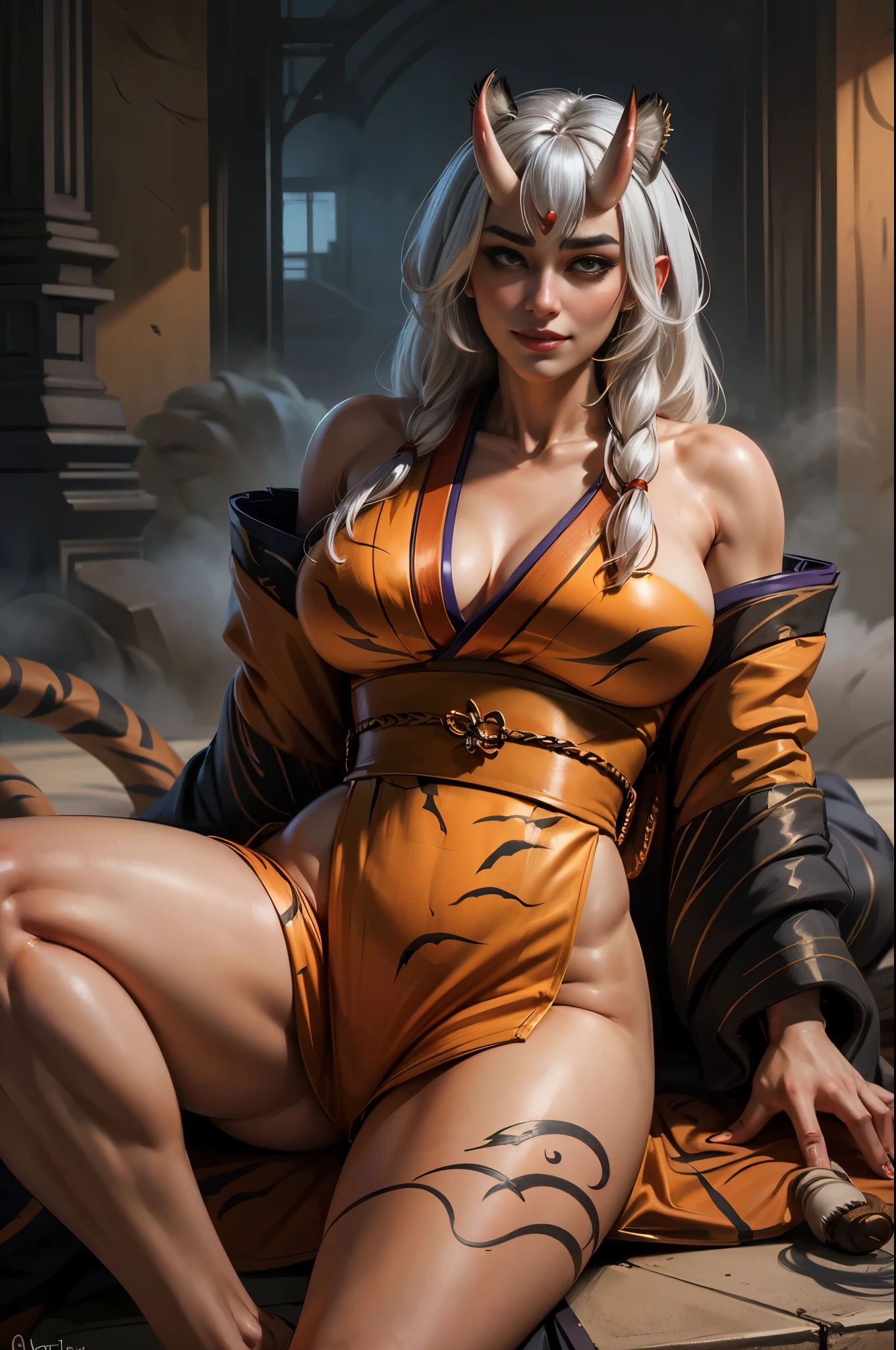 (beautiful) Asian (((Oni female))) warrior, sitting with legs spread, wearing (Tiger print short kimono), with ((thick curvy mature body)) yet ((muscular)), long and voluminous white hair blown by the wind, (2 long anime_Oni_horns ), reddish fair skin , (perfect detailed face features) expressive eyes with proud look , thick lips letting a provocative grin