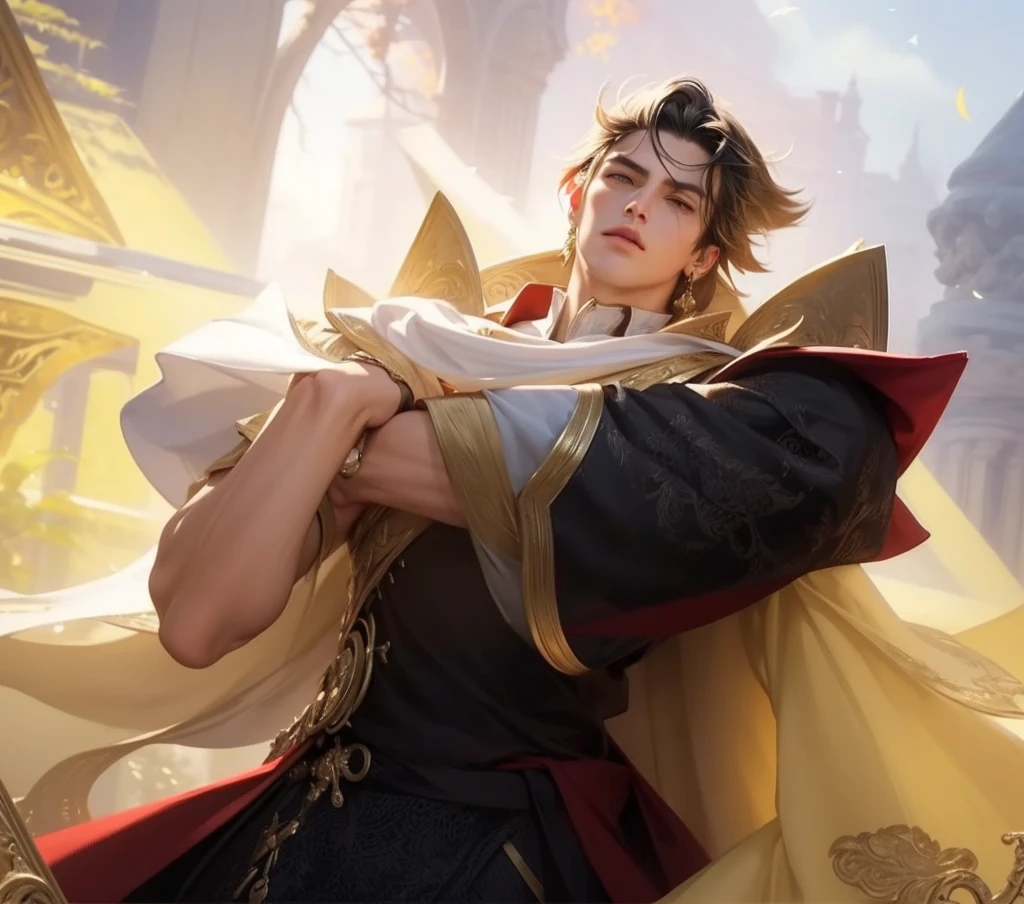 ((Best quality)), ((masterpiece)), (detailed), ((perfect face)), ((halfbody)) perfect proportions ,He is a handsome, 30 years old, short hair, there is a background of a detailed scenery with gnostic vibe ((perfect face)) detailed character, black hair