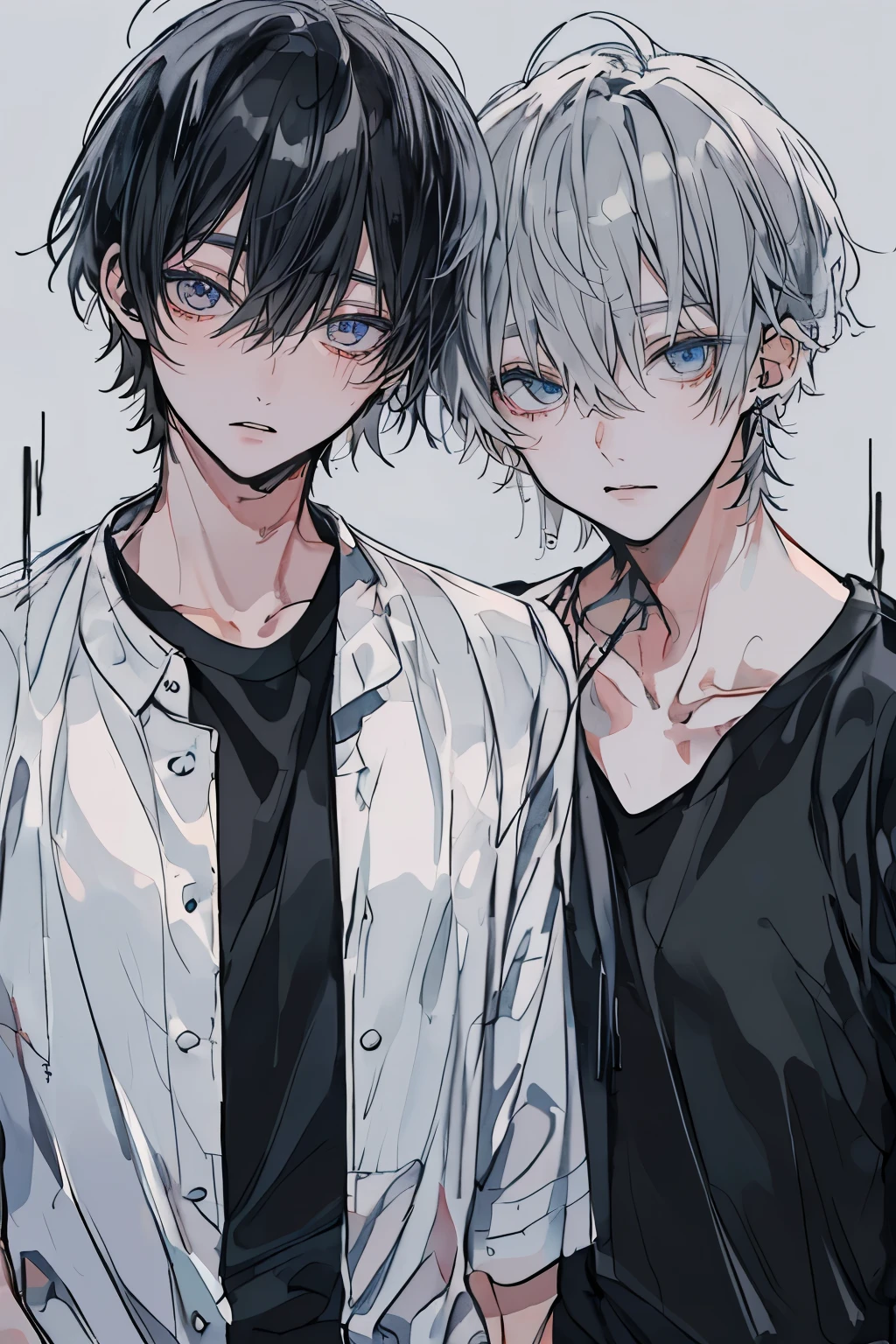 (Mastepiece), (Best Quality), Very detailed, (((Two friendly men:1.5))), Perfect Face, Beautiful Face, Very detailedな顔,(Black-haired man:1.3),(Grey-haired man:1.3),T-Shirts