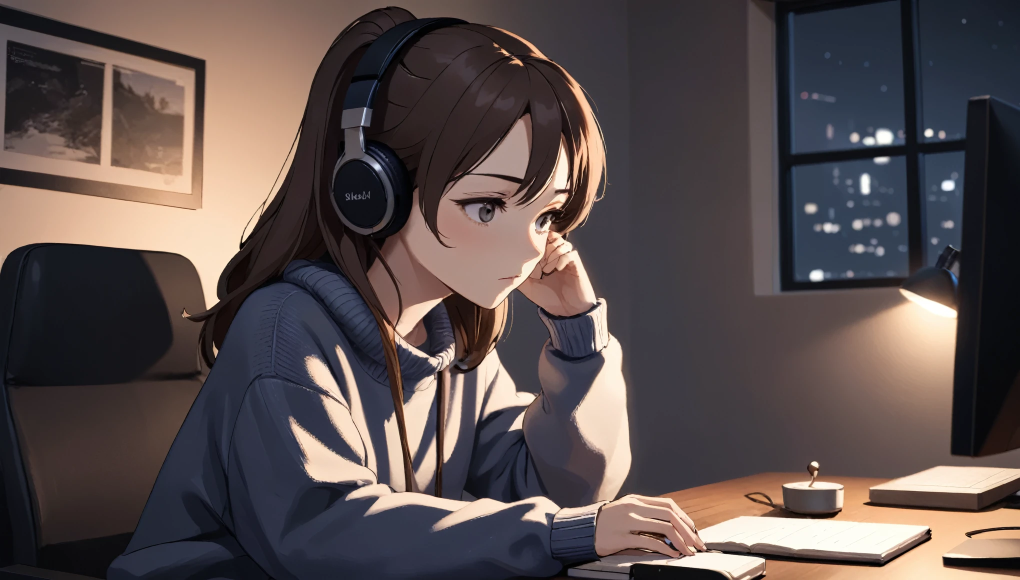 Lo-fi music anime illustration. A woman wearing headphones is researching on her PC. She is looking at the PC with a focused expression. She is dressed in a relaxed outfit (e.g., oversized sweater and jeans). On the desk, there are notebooks, a pen, and a coffee cup. In the background, there's a night window showing a quiet cityscape. The room is illuminated by warm lighting, creating a cozy atmosphere.