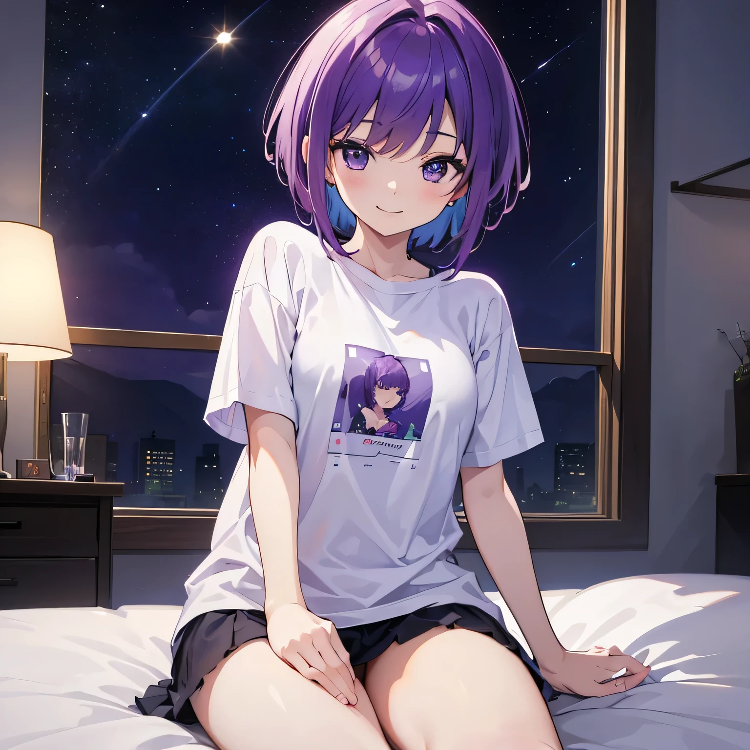 (T Masterpiece,4K wallpaper,Best Quality))、((girl1people))、(solo)、Bright and Brilliant,(Purple Hair)、(short hair:1.3)、smile、Bedroom、T-Shirts、night