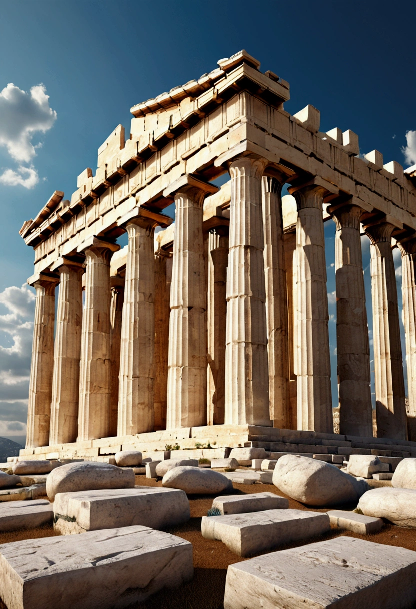 (Ancient Greek Art), Temple architecture, The Parthenon, panorama view, full body, award-winning, cinematic still, emotional, vignette, dynamic, vivid, (masterpiece, best quality, photorealistic, Professional, perfect composition, very aesthetic, absurdres, ultra-detailed, intricate details:1.3)