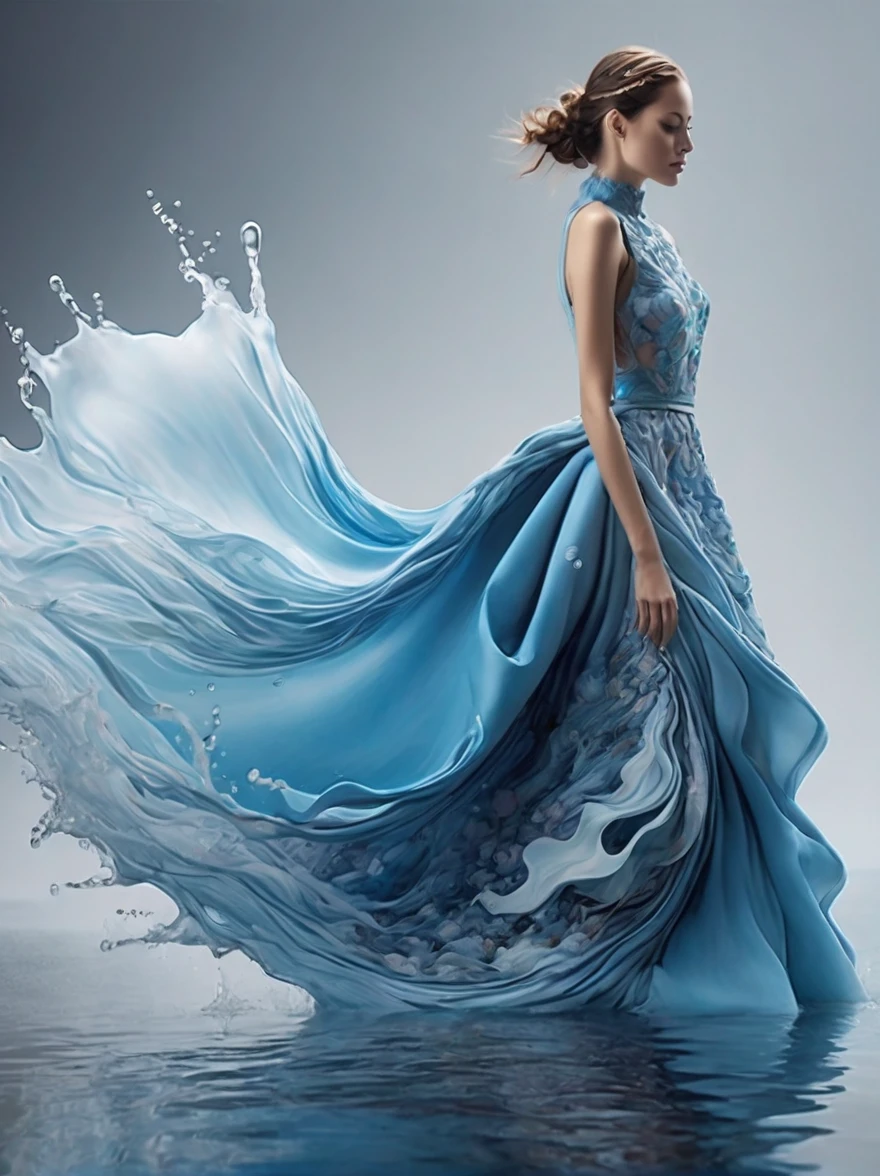 A girl，Wearing a gorgeous outfit made of water，Exquisite dress，Elegant water dress，Gorgeous and elegant，Luxurious clothing，Inspired by Hedi Xandt&#39;s design style，Her attire includes intricate clothing，ornate royal robes，Fine clothing and robes，and dresses with delicate and elegant details，She stepped on high heels，Dressed in royal style，Her hands have finely detailed finger drawings，(((The fire burned in her body，Also dancing on the skirt，The fire element gave her a winged form)))，(Covered with transparent fabric，It's a masterpiece, The highest quality artistic presentation:1.2)，(8K resolution high-definition RAW photos，a realistic style，Photorealistic:1.3)，(Skin texture is extremely detailed, The fabric texture is exquisite, Realistic flame effects, Beautiful and delicate face:1.25)，Professional lighting arrangement，Photon Mapping Technology，Soft and beautiful light processing，Radiometric calculation method，High-end shooting techniques such as physically based realistic rendering and ray tracing technology are used in it，Model-like shooting style，(Extremely fine CG unified 8K wallpaper)，Full-length photo shows one of the most beautiful works of art in the world