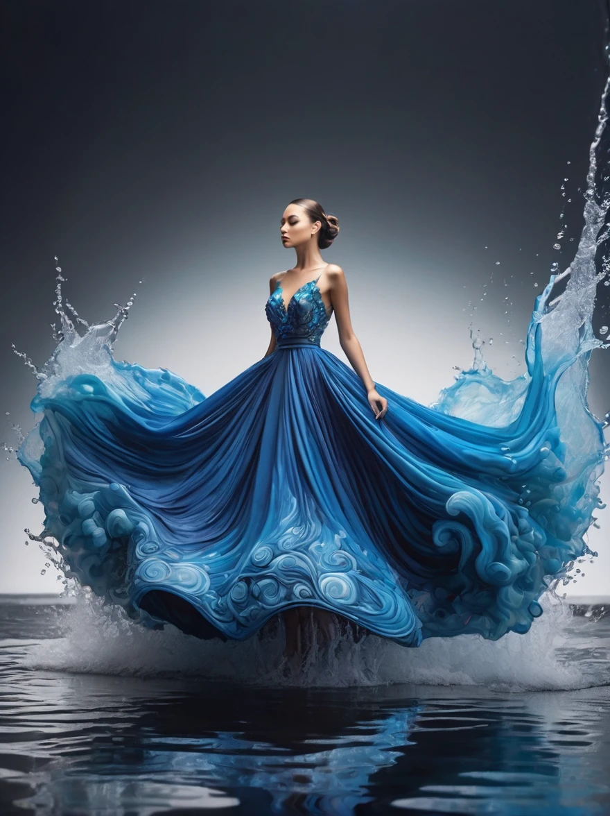 A girl，Wearing a gorgeous outfit made of water，Exquisite dress，Elegant water dress，Gorgeous and elegant，Luxurious clothing，Inspired by Hedi Xandt&#39;s design style，Her attire includes intricate clothing，ornate royal robes，Fine clothing and robes，and dresses with delicate and elegant details，She stepped on high heels，Dressed in royal style，Her hands have finely detailed finger drawings，(((The fire burned in her body，Also dancing on the skirt，The fire element gave her a winged form)))，(Covered with transparent fabric，It's a masterpiece, The highest quality artistic presentation:1.2)，(8K resolution high-definition RAW photos，a realistic style，Photorealistic:1.3)，(Skin texture is extremely detailed, The fabric texture is exquisite, Realistic flame effects, Beautiful and delicate face:1.25)，Professional lighting arrangement，Photon Mapping Technology，Soft and beautiful light processing，Radiometric calculation method，High-end shooting techniques such as physically based realistic rendering and ray tracing technology are used in it，Model-like shooting style，(Extremely fine CG unified 8K wallpaper)，Full-length photo shows one of the most beautiful works of art in the world