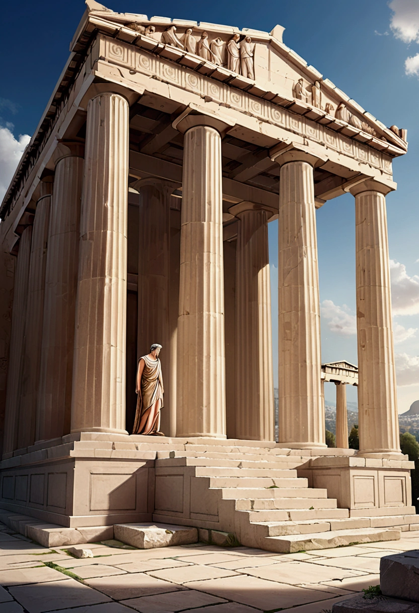 (Ancient Greek Art), Temple architecture, The Parthenon, panorama view, full body, award-winning, cinematic still, emotional, vignette, dynamic, vivid, (masterpiece, best quality, photorealistic, Professional, perfect composition, very aesthetic, absurdres, ultra-detailed, intricate details:1.3)