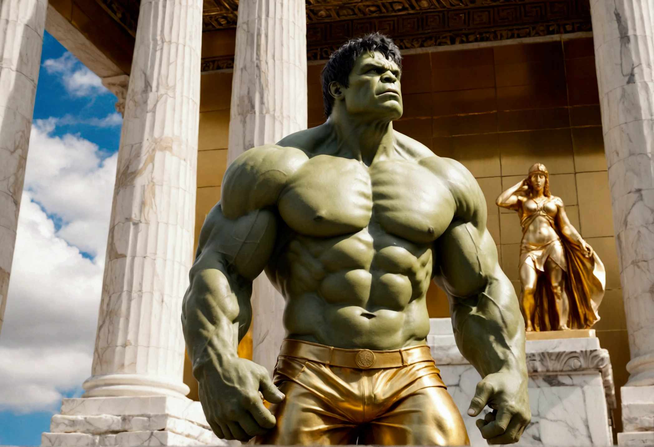 (The incredible hulk, nubile, contemplative stare looking to the heavens, dramatic powerful pose, marble statue, gold paint highlights), Greek temple