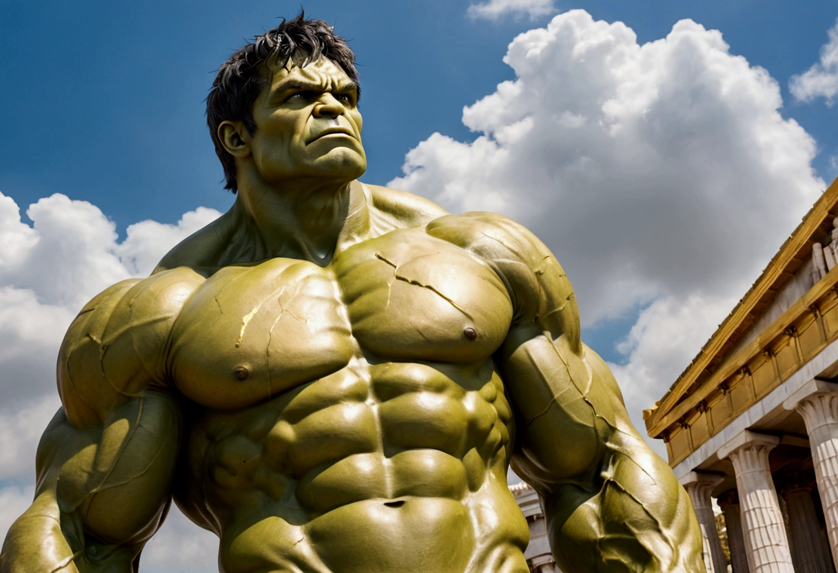 (The incredible hulk, nubile, contemplative stare looking to the heavens, dramatic powerful pose, marble statue, gold paint highlights), Greek temple
