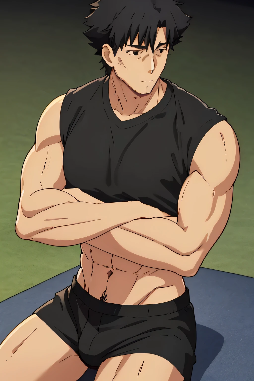Kiritsugu is sitting and flexing his arms. He wears a black tshirt with short sleeves. His right sleeve is completely rolled up, so you can see his entire arm and shoulder. He wears black short boxershorts. You can see his thighs completely. He has a huge bulge. You can see his abs too. He is admiring his arms.