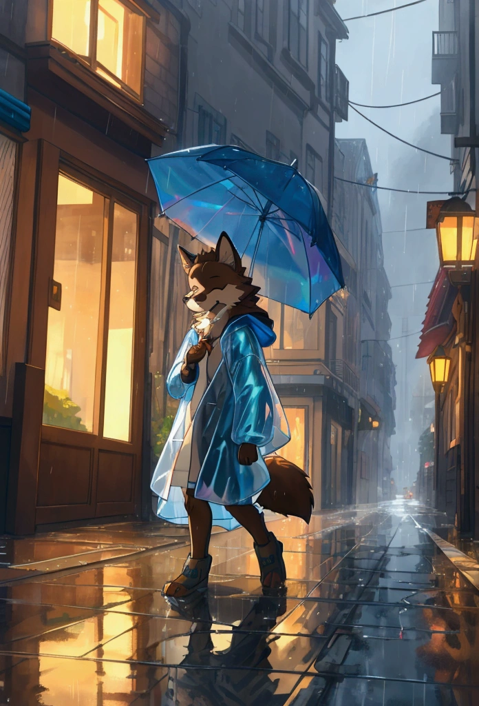 wolf, small male wolf, brown fur, furry, play in the rain, closed eyes, puddles, wearing holographic raincoat, anthromorpophic, cute, street view, afternoon scenery, good quality, beautiful scenery