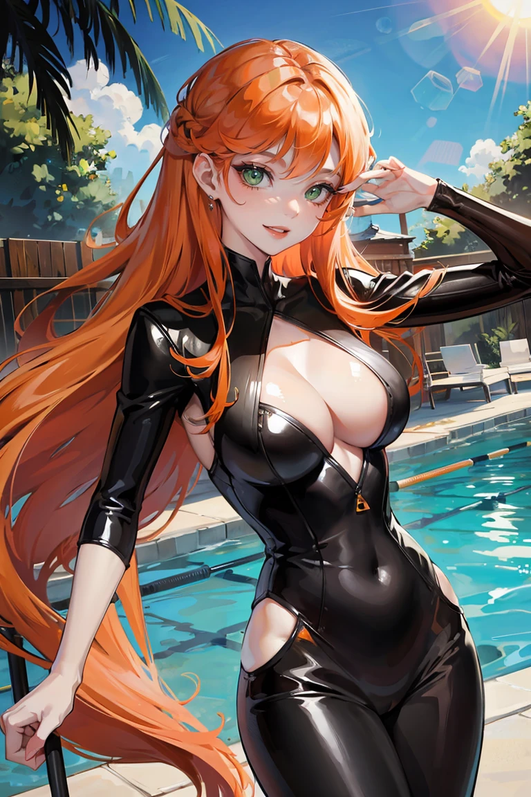 long orange hair, green eyes, large cleavage, pale skin, black swuimsuit, pool, sun, smile