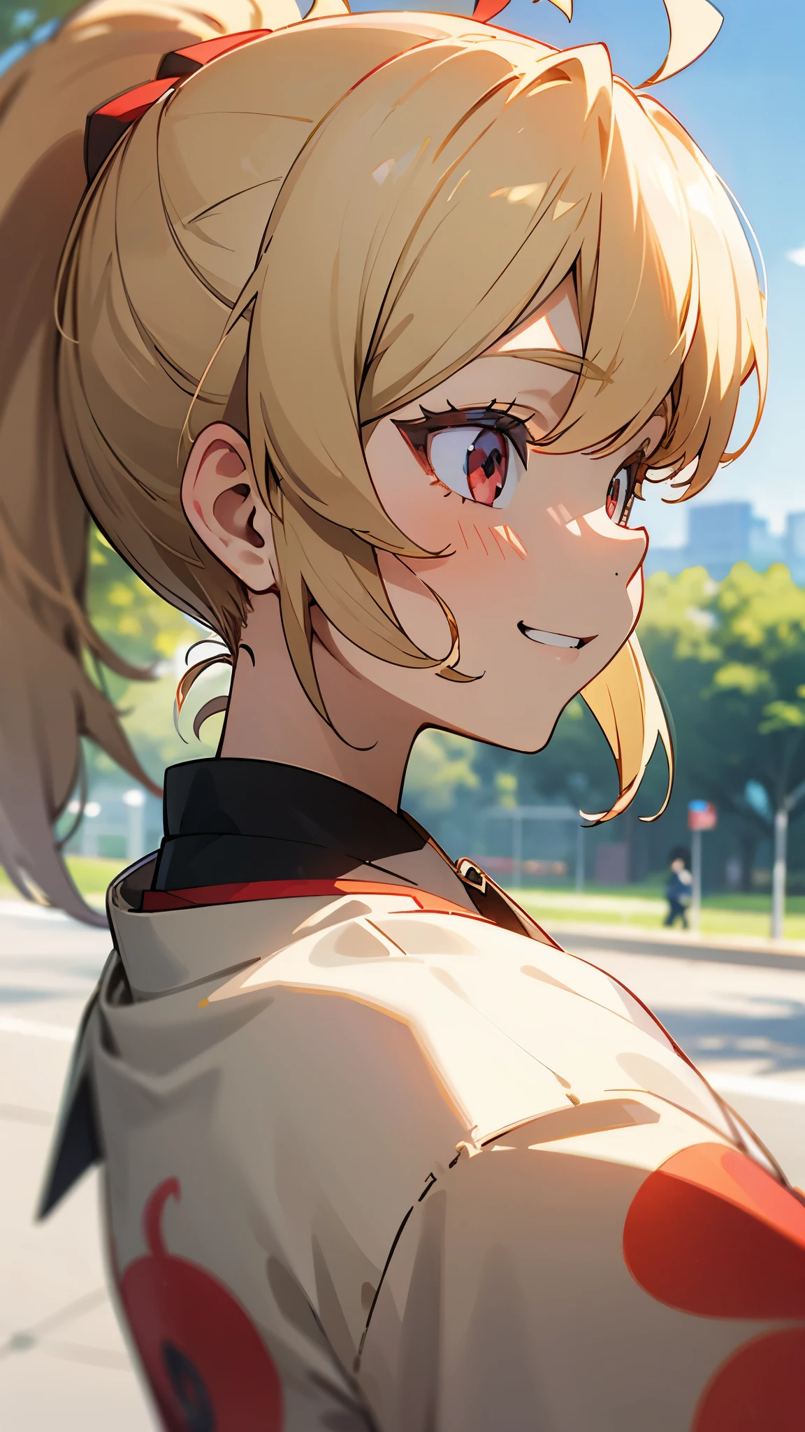 1girl、blonde、ponytail、Round red eyes、Ahoge、Blouse shirt with ethnic patterns and primary colors、Grin、profile、Face close-up、Morning Park、Background Blur, Written boundary depth