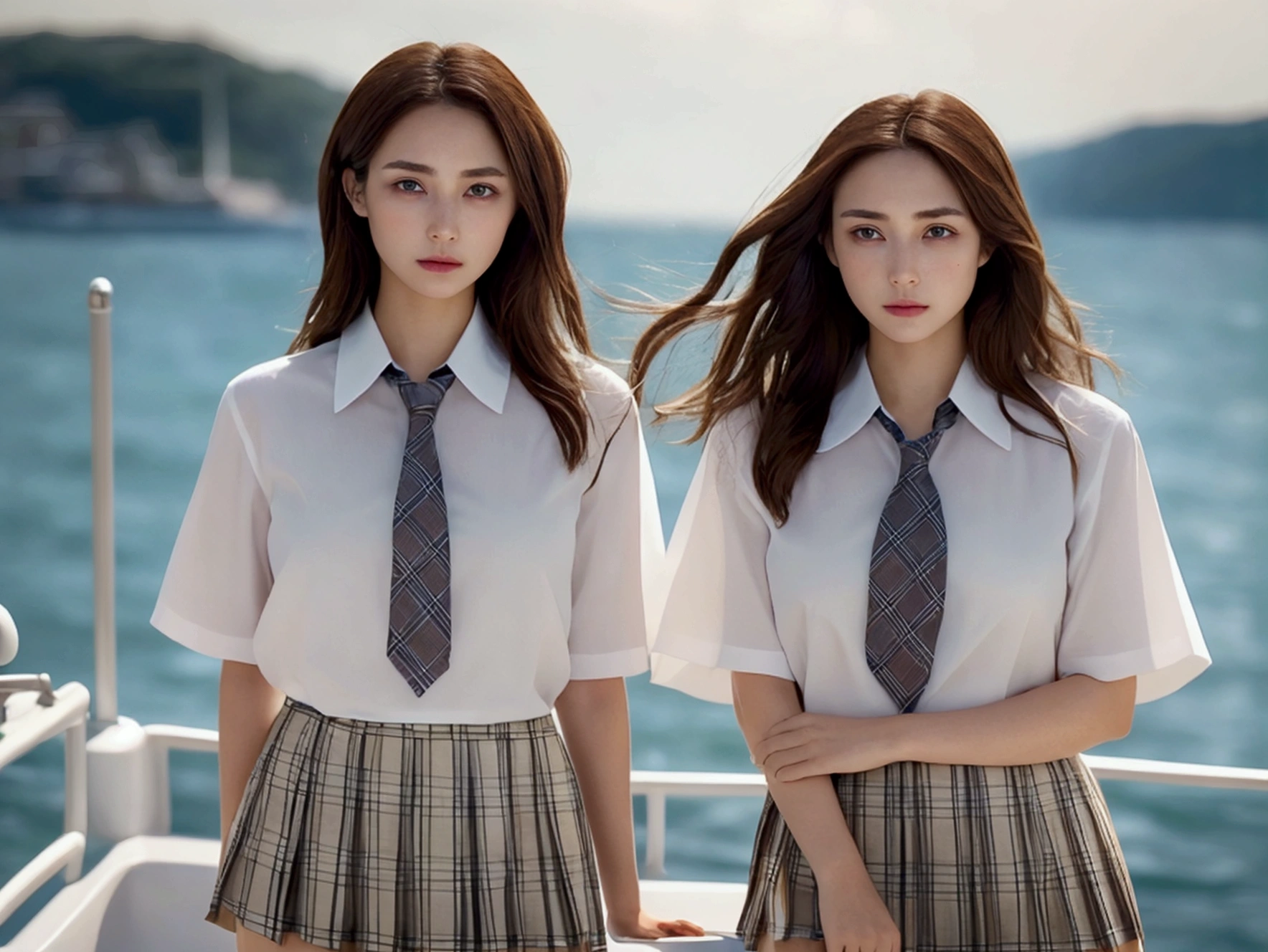 (8k, RAW Photos, Highest quality, masterpiece:1.2,Film Grain:1.1), masterpiece, Highest quality, shape, Very detailed, Fine details, High resolution, 8k, wallpaper, Perfect dynamic composition,(High quality with attention to detail, Realistic depiction of eyes:1.3)、A woman who has been and has her Hand tied、Place your arms behind your back、Hand tie,Standing on a yacht floating on the sea、Tartan Check Pleated Skirt、whole body、A strong wind blows and flips up my skirt、White panties are visible、The whole is facing forward、21talent、beauty、Well-formed face、Even out the eyes、Beautiful long brown hair、Banditium Build、Balanced ratio、Beautiful feet、Short sleeve blouse、Fresh face、Beautiful views、