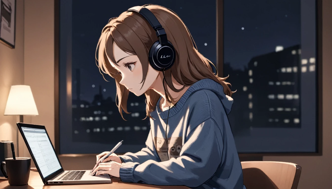 Lo-fi music anime illustration. A woman wearing headphones is researching on her PC. She is looking at the PC with a focused expression. She is dressed in a relaxed outfit (e.g., oversized sweater and jeans). On the desk, there are notebooks, a pen, and a coffee cup. In the background, there's a night window showing a quiet cityscape. The room is illuminated by warm lighting, creating a cozy atmosphere.