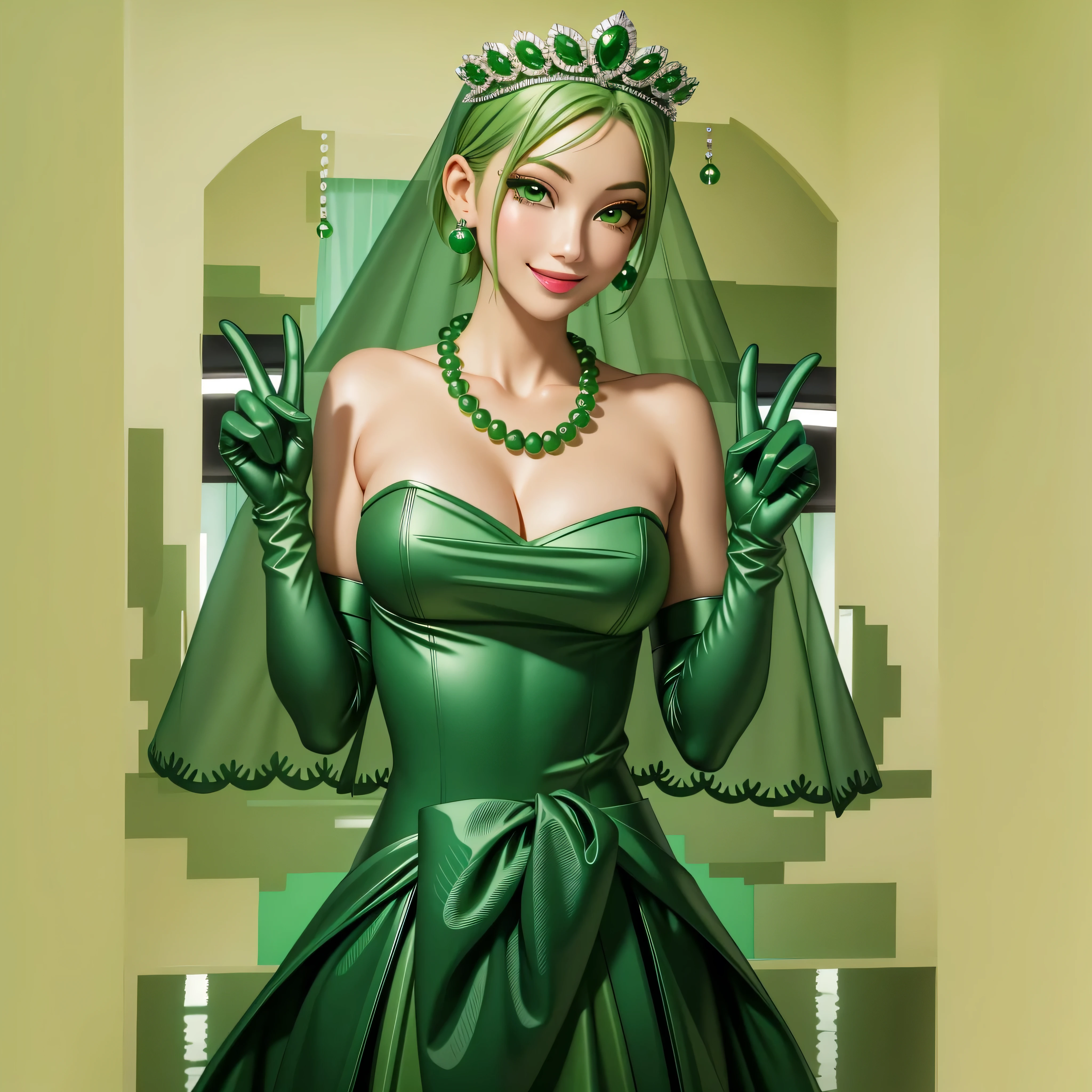 Emerald tiara, Green Pearl Necklace, Boyish very short green hair, Green Lips, Smiling Japanese woman, Very short hair, Busty beautiful lady, Green Eyes, Green satin long gloves, Green Eyes, Emerald Earrings, Green veil, All, Green Hair, Beautiful Japanese Woman, green lip gloss