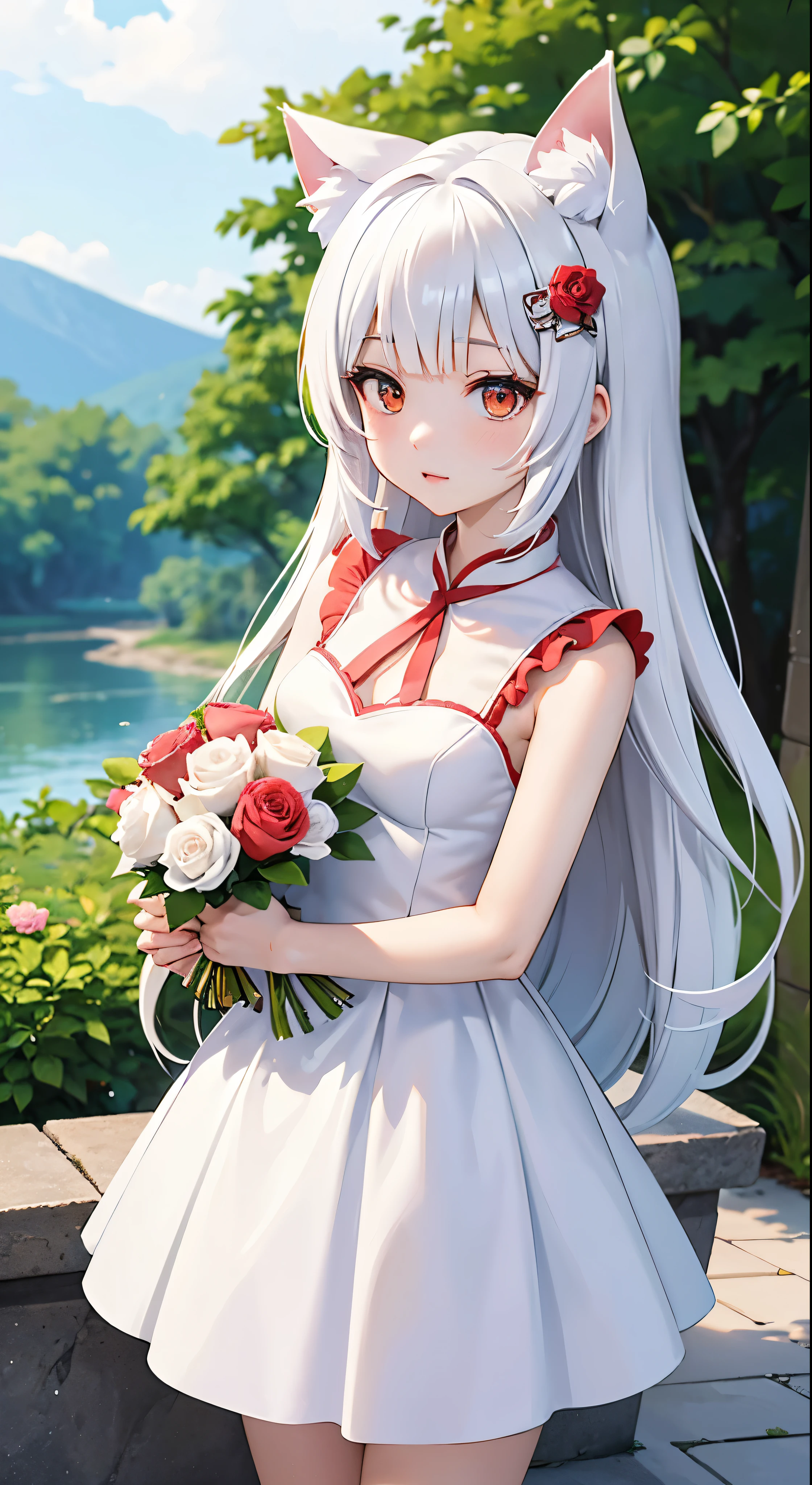 there is a woman with a white dress and a red rose in her hair, anime cosplay, anime girl cosplay, cosplay photo, anime style mixed with fujifilm, cosplay, white haired deity, a beautiful kitsune woman, cosplayer, white cat girl, girl silver hair, nekomimi, anime girl in real life, ayaka cosplay, white hime cut hairstyle