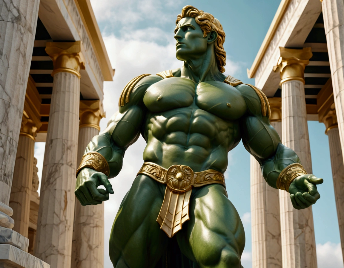 a muscular green humanoid figure, incredibly detailed and hyper-realistic, contemplative staring upwards, dramatic powerful pose, marble statue, gold paint highlights, Greek temple background, cinematic lighting, photorealistic, 8k, best quality, ultra-detailed, masterpiece