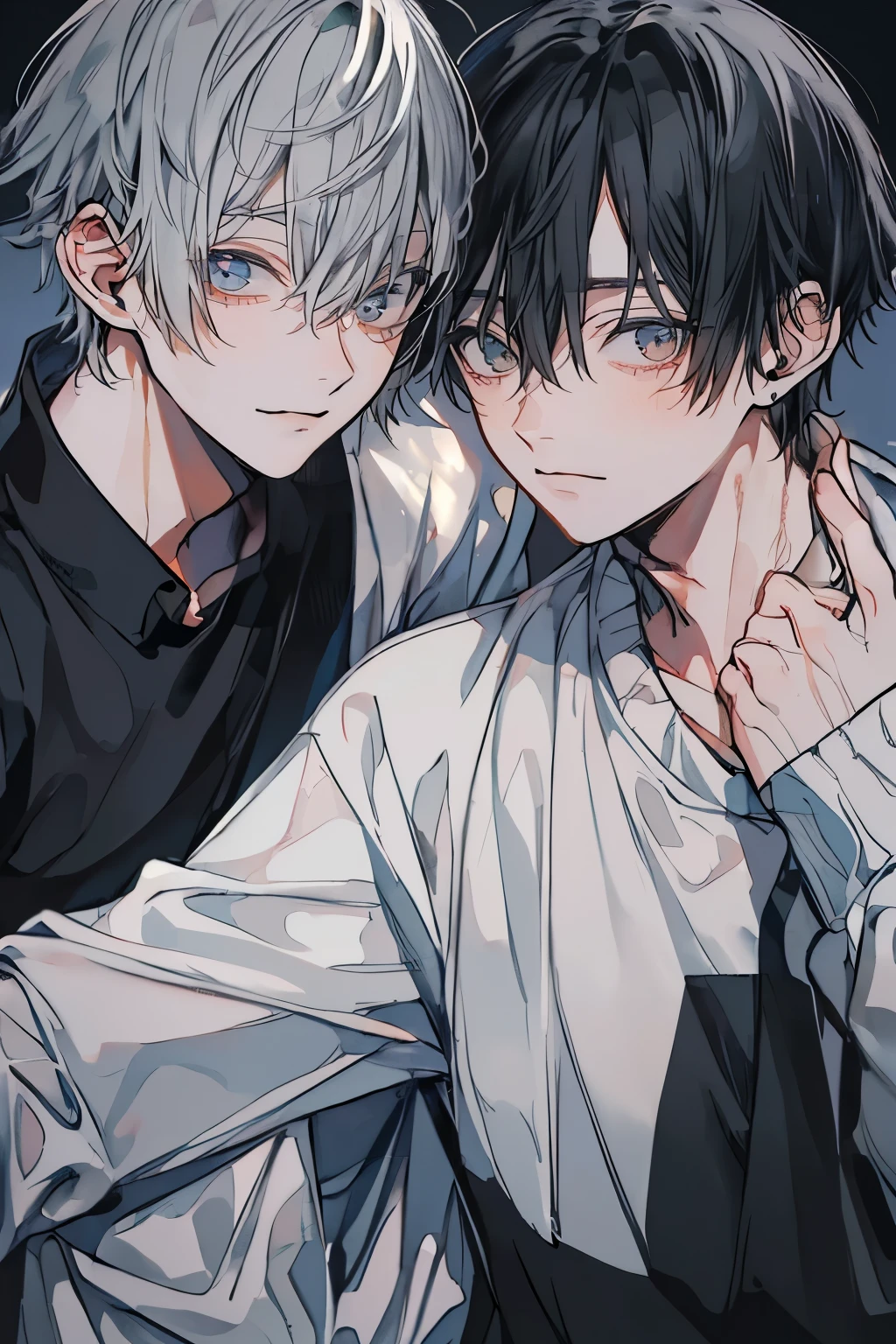 (Mastepiece), (Best Quality), Very detailed, (((Two friendly men:1.5))), Perfect Face, Beautiful Face, Very detailedな顔，(Black-haired man:1.3)，(Grey-haired man:1.3)，T-Shirts