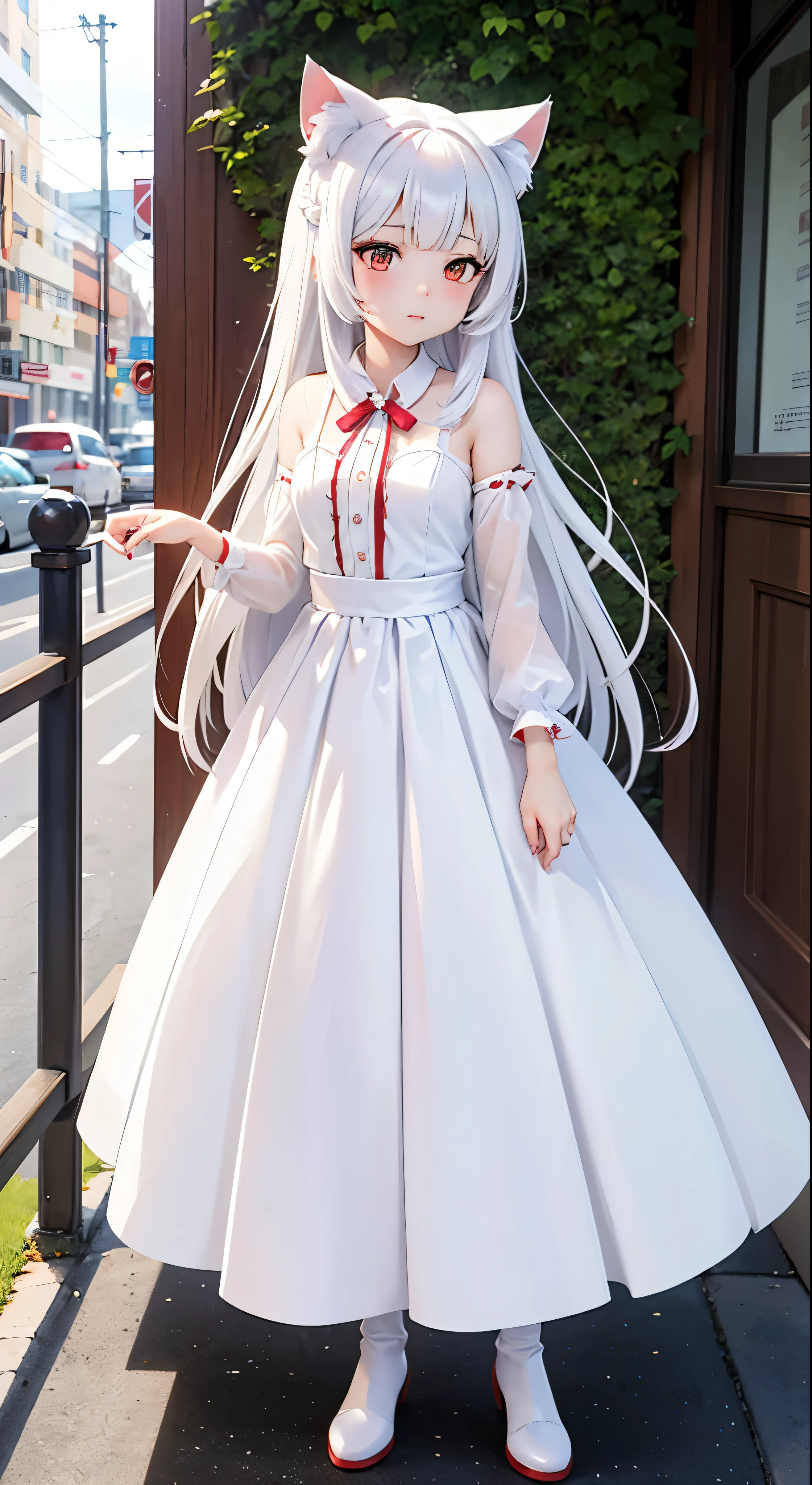 there is a woman with a white dress and a red rose in her hair, anime cosplay, anime girl cosplay, cosplay photo, anime style mixed with fujifilm, cosplay, white haired deity, a beautiful kitsune woman, cosplayer, white cat girl, girl silver hair, nekomimi, anime girl in real life, ayaka cosplay, white hime cut hairstyle