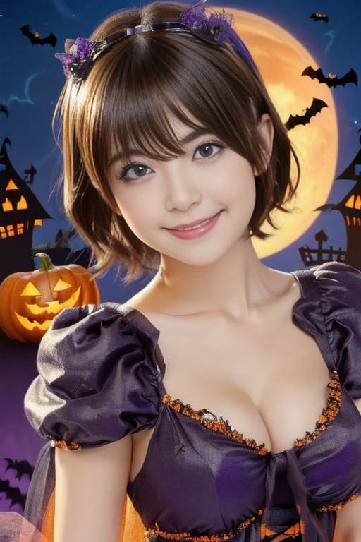 (upper body shot,a 26 year old girl, detailed cutie face, beautiful detailed eyes, detailed dropped eyes, beautiful charming smile, extremely detailed face,short hair,anime style, halloween party:2.0), colorful lights, pumpkin decorations, haunted house, best quality, 4k, highres, masterpiece, realistic, photorealistic, photo-realistic, vivid colors, intricate details, fantasy, soft lighting, magical