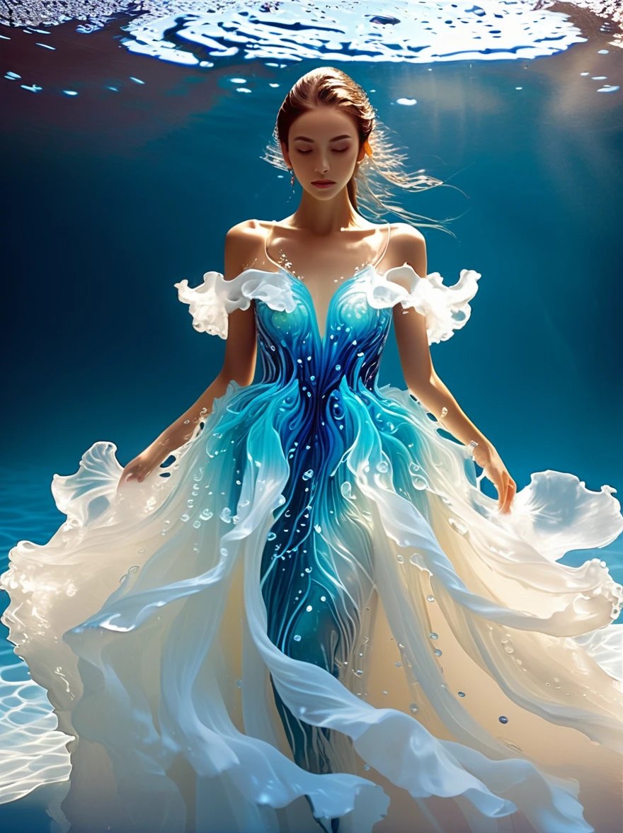 A girl，Wearing a gorgeous outfit made of water，Exquisite dress，Elegant water dress，Gorgeous and elegant，Luxurious clothing，Inspired by Hedi Xandt&#39;s design style，Her attire includes intricate clothing，ornate royal robes，Fine clothing and robes，and dresses with delicate and elegant details，She stepped on high heels，Dressed in royal style，Her hands have finely detailed finger drawings，(((The fire burned in her body，Also dancing on the skirt，The fire element gave her a winged form)))，(Covered with transparent fabric，It's a masterpiece, The highest quality artistic presentation:1.2)，(8K resolution high-definition RAW photos，a realistic style，Photorealistic:1.3)，(Skin texture is extremely detailed, The fabric texture is exquisite, Realistic flame effects, Beautiful and delicate face:1.25)，Professional lighting arrangement，Photon Mapping Technology，Soft and beautiful light processing，Radiometric calculation method，High-end shooting techniques such as physically based realistic rendering and ray tracing technology are used in it，Model-like shooting style，(Extremely fine CG unified 8K wallpaper)，Full-length photo shows one of the most beautiful works of art in the world