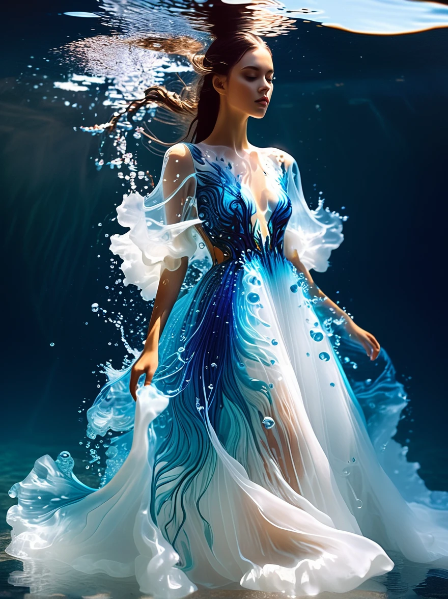 A girl，Wearing a gorgeous outfit made of water，Exquisite dress，Elegant water dress，Gorgeous and elegant，Luxurious clothing，Inspired by Hedi Xandt&#39;s design style，Her attire includes intricate clothing，ornate royal robes，Fine clothing and robes，and dresses with delicate and elegant details，She stepped on high heels，Dressed in royal style，Her hands have finely detailed finger drawings，(((The fire burned in her body，Also dancing on the skirt，The fire element gave her a winged form)))，(Covered with transparent fabric，It's a masterpiece, The highest quality artistic presentation:1.2)，(8K resolution high-definition RAW photos，a realistic style，Photorealistic:1.3)，(Skin texture is extremely detailed, The fabric texture is exquisite, Realistic flame effects, Beautiful and delicate face:1.25)，Professional lighting arrangement，Photon Mapping Technology，Soft and beautiful light processing，Radiometric calculation method，High-end shooting techniques such as physically based realistic rendering and ray tracing technology are used in it，Model-like shooting style，(Extremely fine CG unified 8K wallpaper)，Full-length photo shows one of the most beautiful works of art in the world